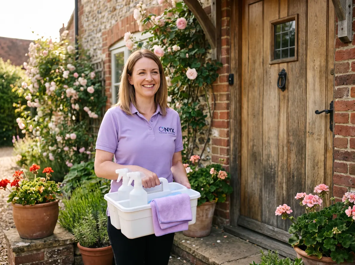 Smiling Onyx cleaner arriving at a cottage front door with a cleaning caddy