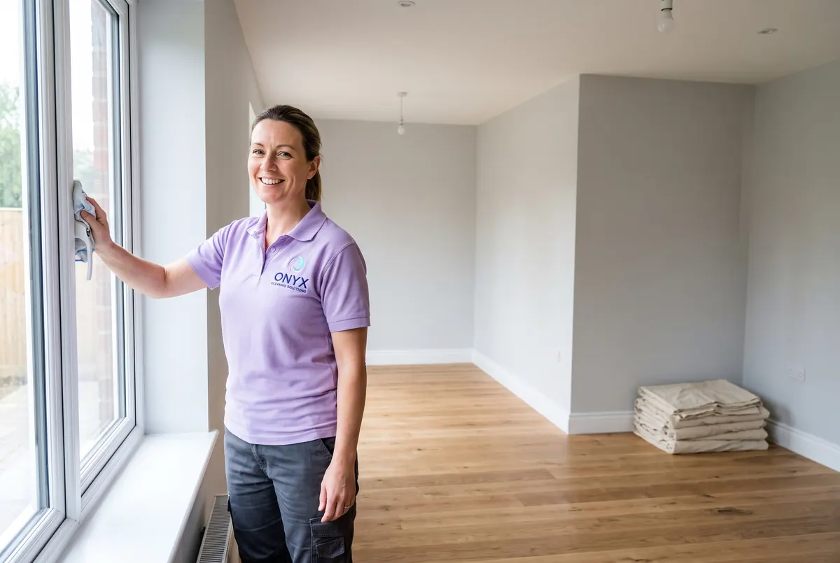 Onyx cleaner wiping a window frame in a newly renovated room