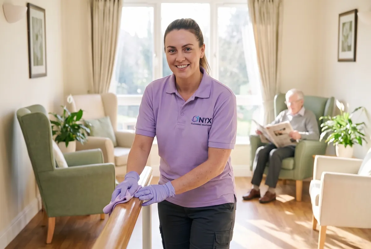 Smiling Onyx cleaner in gloves wiping a handrail in a bright, homely care home lounge while a resident reads nearby