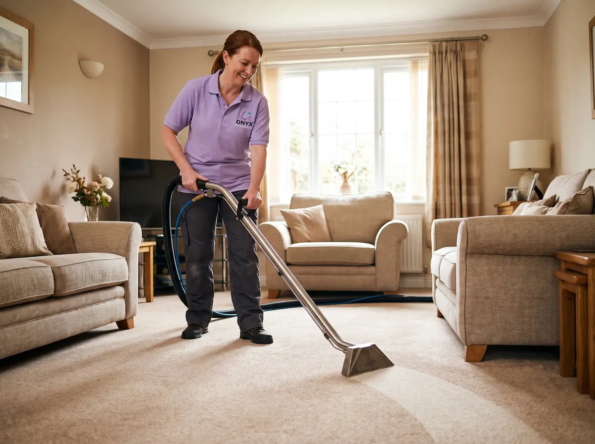 Onyx cleaner using a carpet cleaning machine on a beige living room carpet
