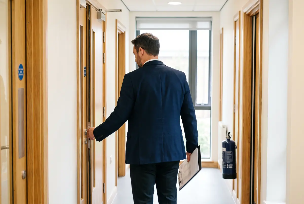 Facilities professional inspecting a fire door in a school corridor