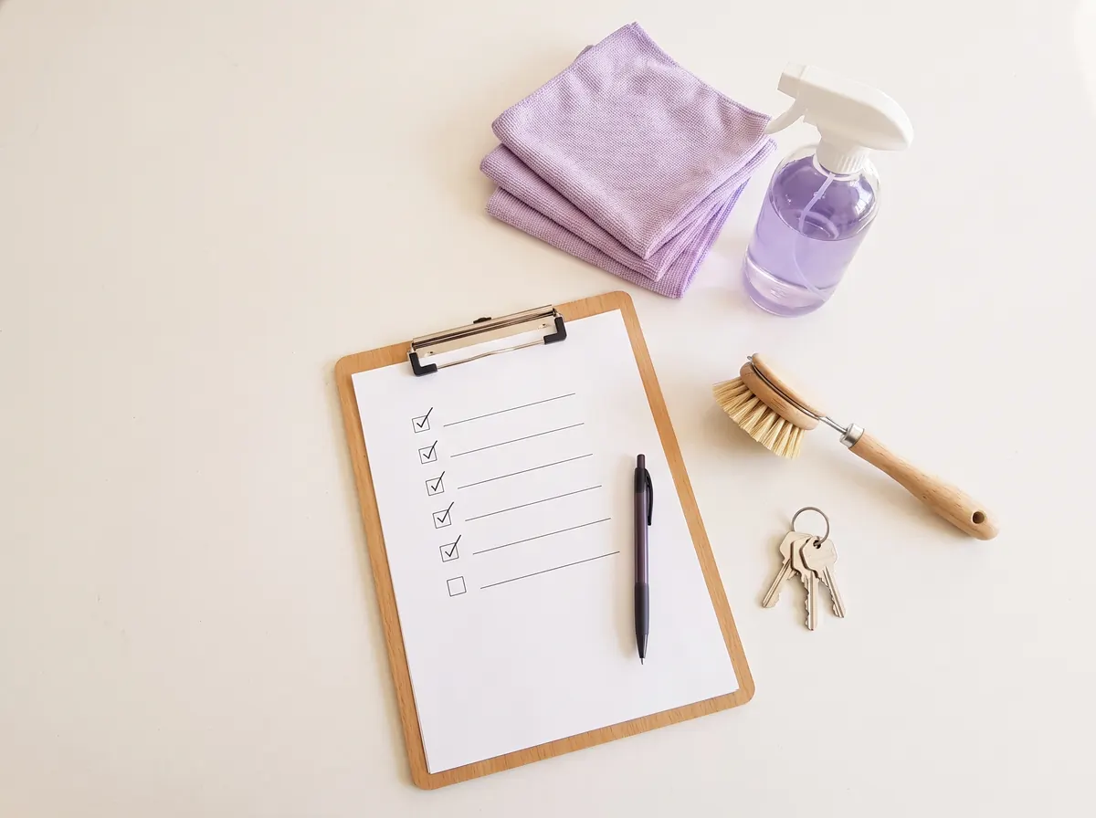 Cleaning checklist on a clipboard with cleaning products