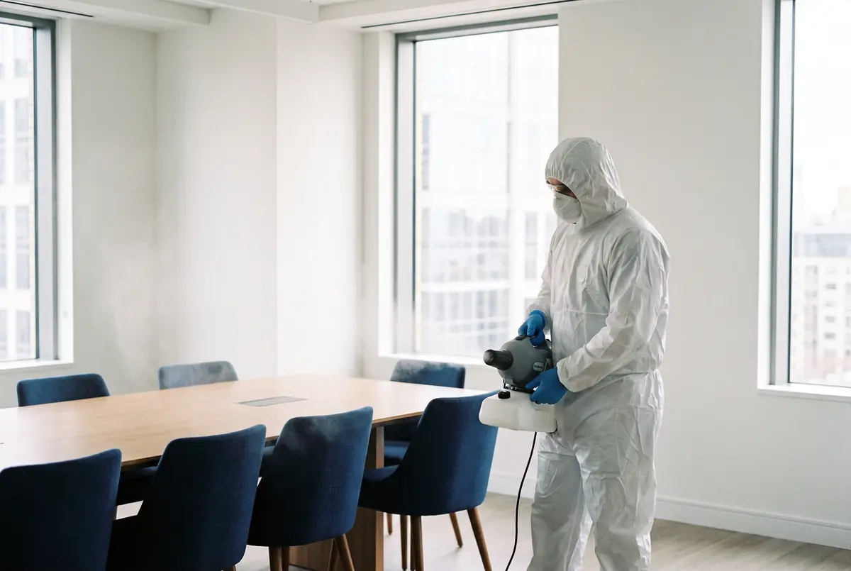 Technician in protective clothing using a fogging machine in an empty meeting room