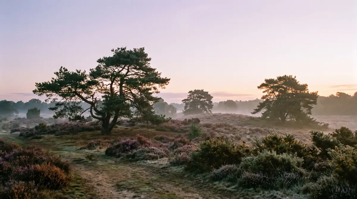 Pine trees and heathland near Thetford Forest in soft morning light