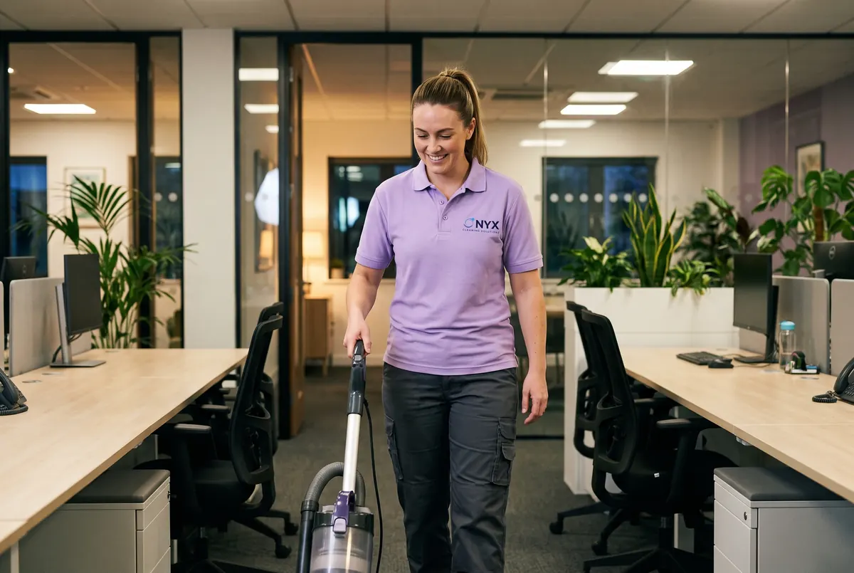 Onyx cleaner in a lavender polo vacuuming a modern open-plan office