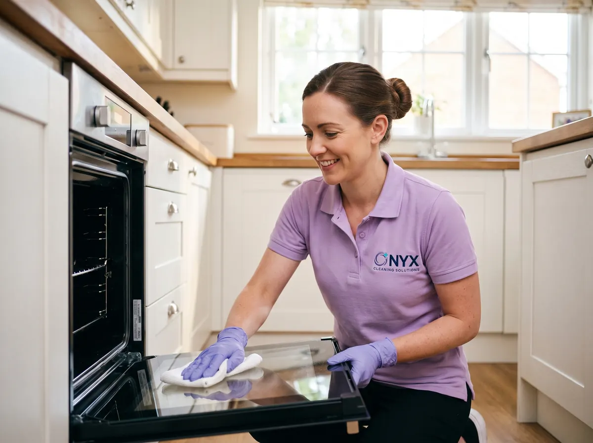 Onyx cleaner in a lavender polo polishing the glass door of a freshly cleaned oven