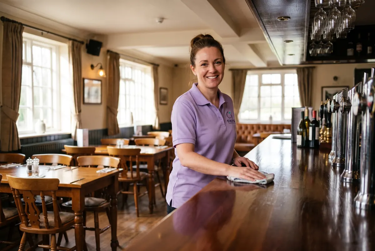 Smiling Onyx cleaner polishing the bar in a traditional pub before opening