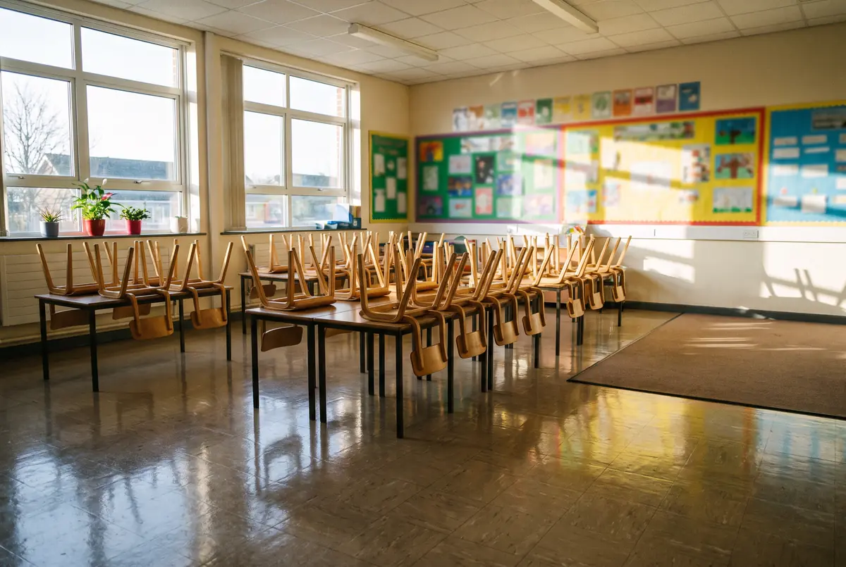 Spotless primary school classroom with chairs stacked neatly on tables in morning light