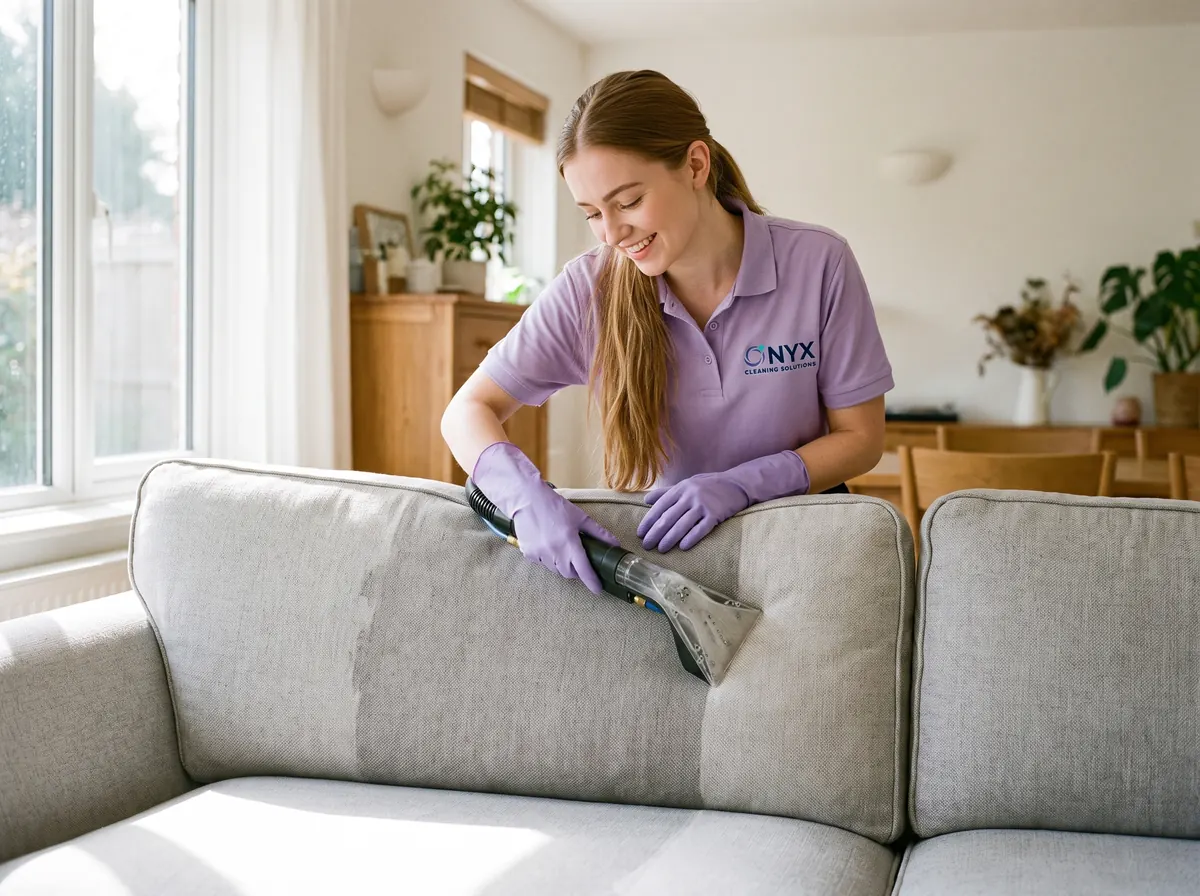 Onyx cleaner in gloves cleaning a light grey fabric sofa