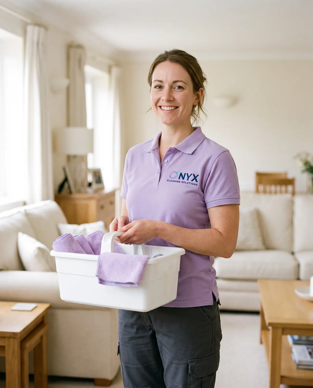 Smiling Onyx cleaner in a branded lavender polo holding a cleaning caddy in a bright living room